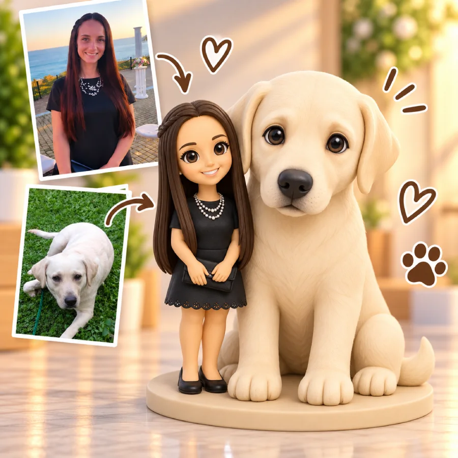 Custom 3D printed figurine of a giant Labrador and miniature owner, personalized from real photos by ZAIGRA.