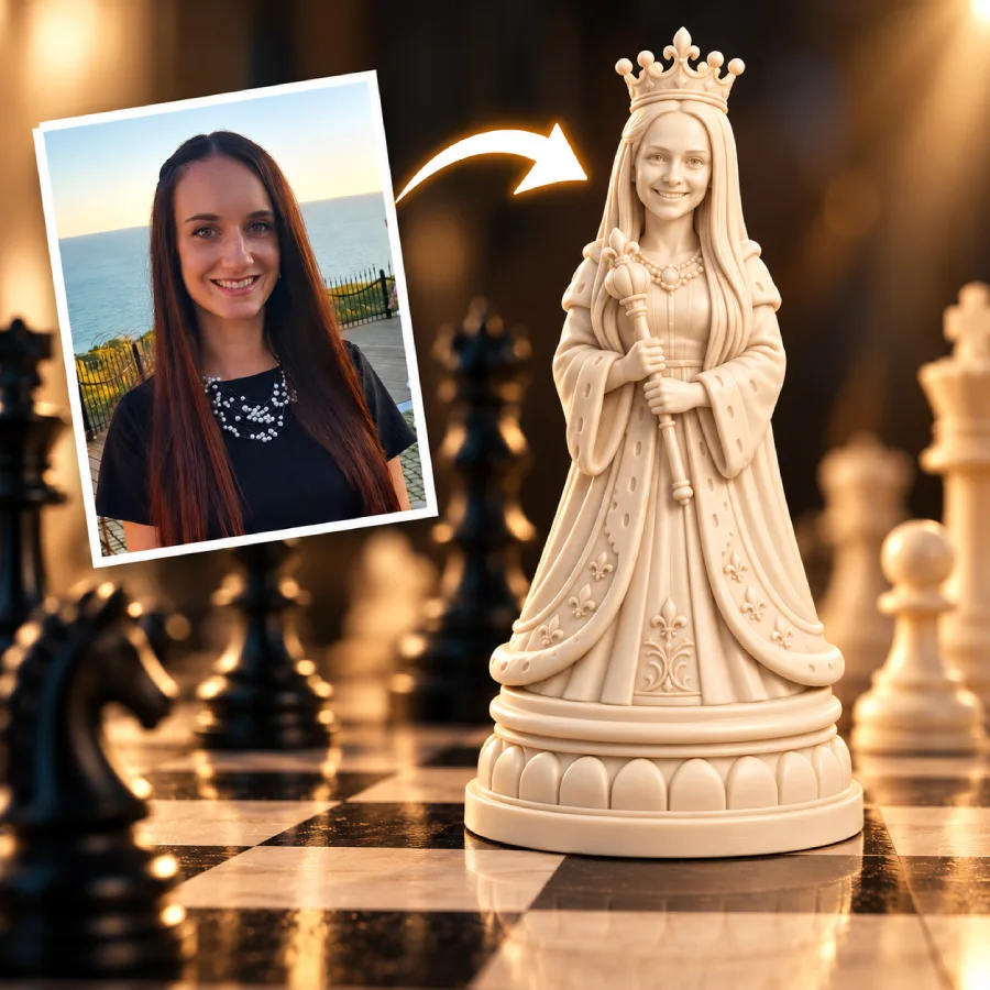 Personalized Chess Piece Me Queen figurine created from a real woman's photo, featuring a detailed ivory chess sculpture on a chessboard with a photo-to-figurine transformation arrow.